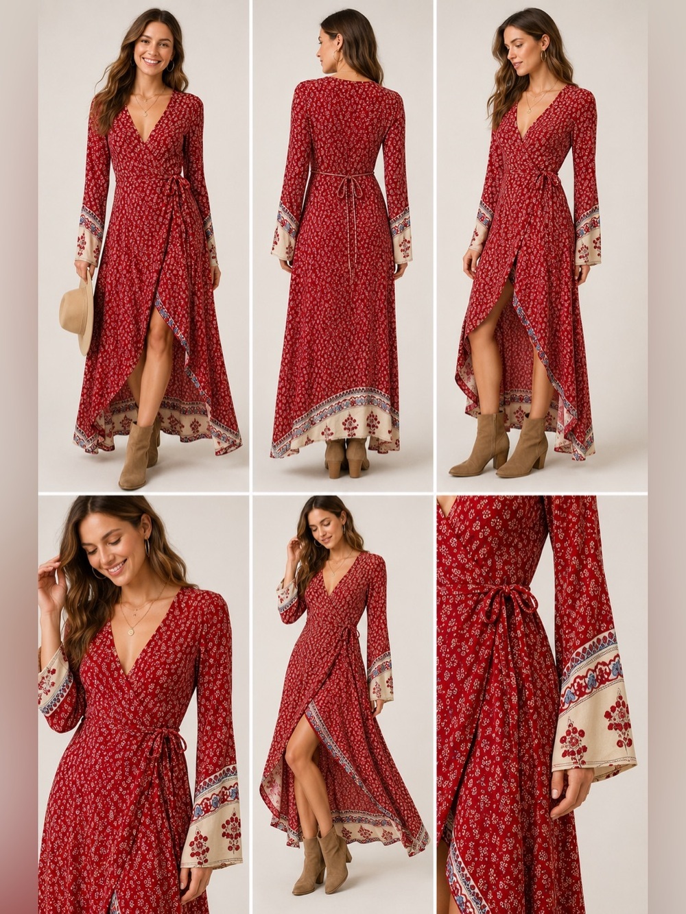 Reverse Red Floral Wrap Dress 100% Rayon Boho High Low Maxi Size S